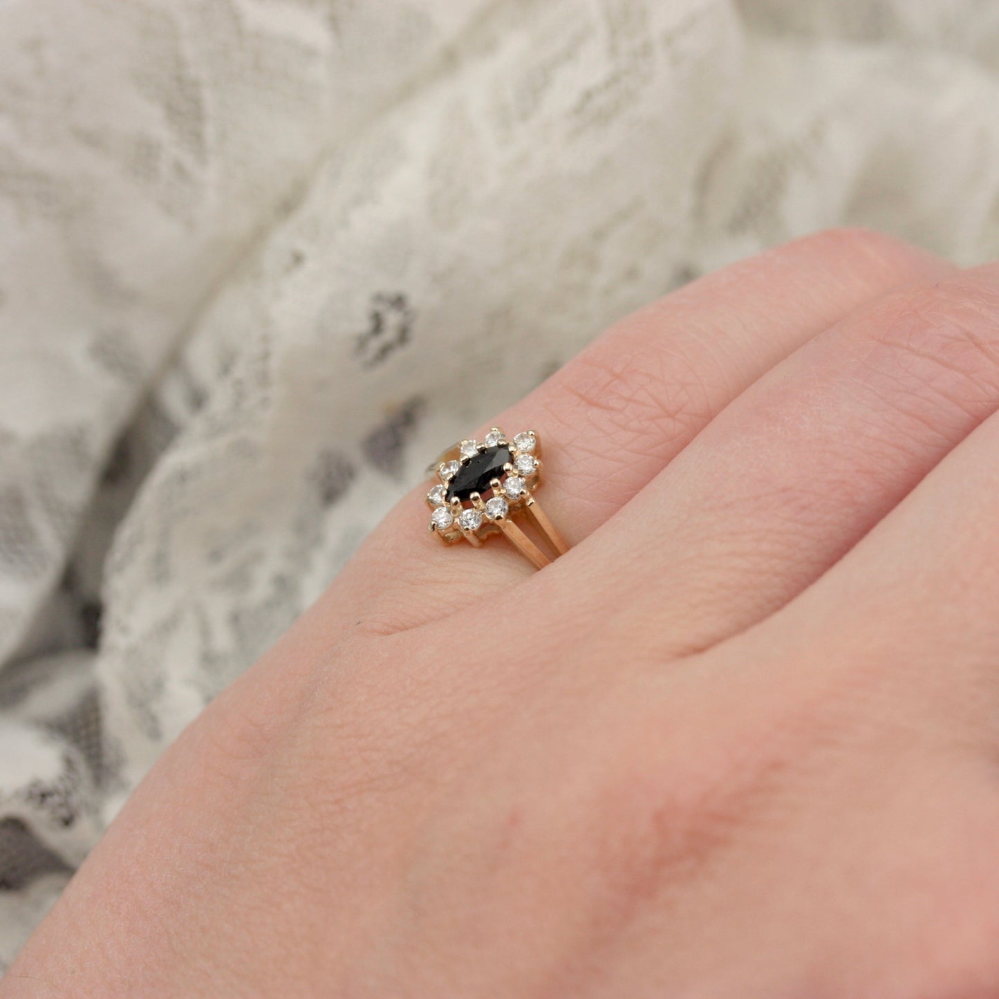 Vintage 9ct Gold Black Sapphire and CZ Marquise Cluster Ring, 1980s