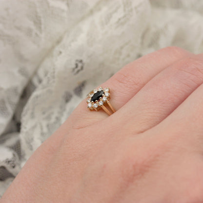Vintage 9ct Gold Black Sapphire and CZ Marquise Cluster Ring, 1980s