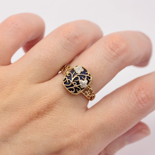 Pre-owned 9ct Gold Lapis Lazuli Diamond Filigree Ring