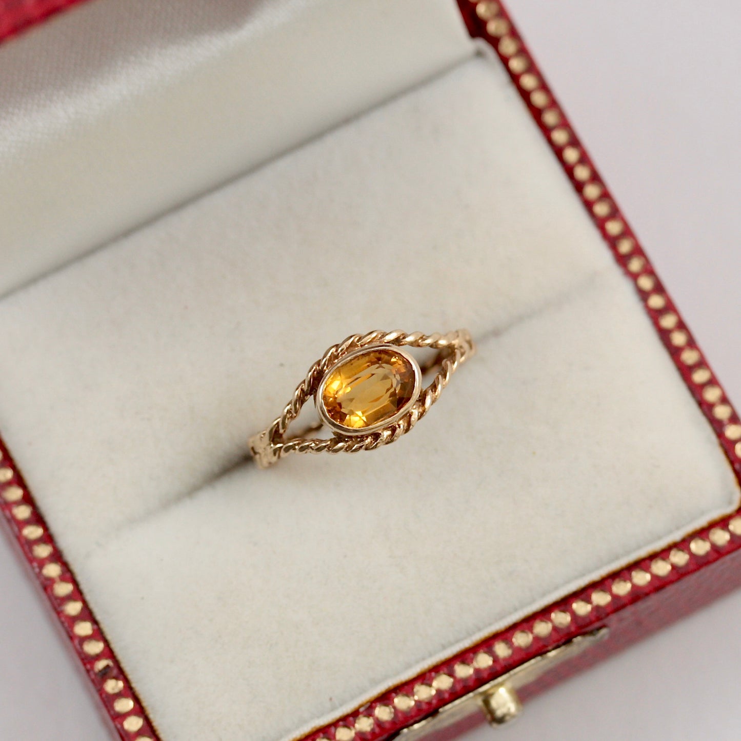 Vintage 9ct Gold Citrine Solitaire Rope Ring, 1984