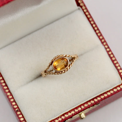 Vintage 9ct Gold Citrine Solitaire Rope Ring, 1984
