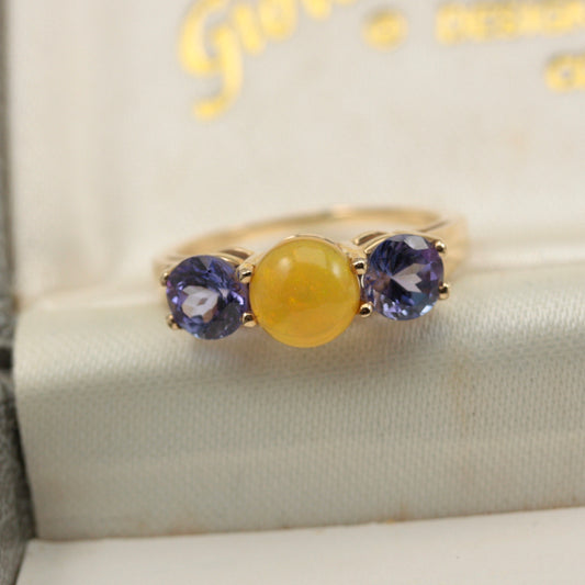 Pre-owned 9ct Gold, Tanzanite and Yellow Opal Three Stone Ring