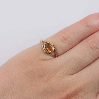 Vintage 9ct Gold Citrine Solitaire Rope Ring, 1984