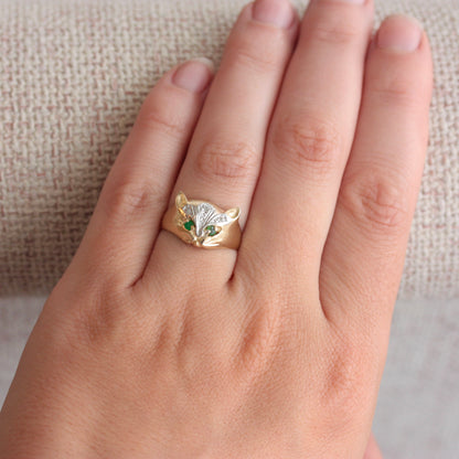 Vintage 9ct Gold Cat Ring with Diamonds and Emerald Eyes, 1989