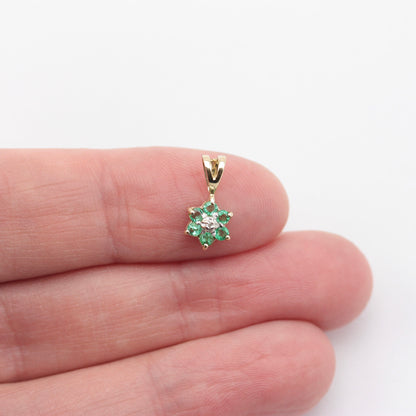 Tiny Vintage 9ct Gold Emerald and Diamond Cluster Pendant