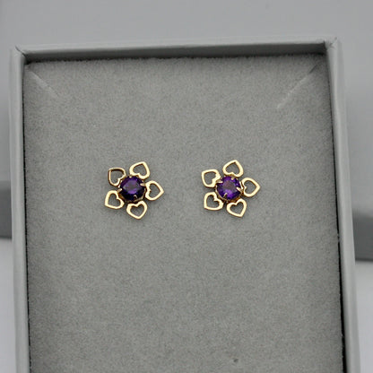 Vintage 9ct Gold and Amethyst Flower Stud Earrings, 1980s