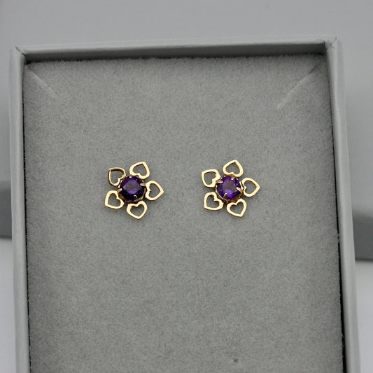 Vintage 9ct Gold and Amethyst Flower Stud Earrings, 1980s