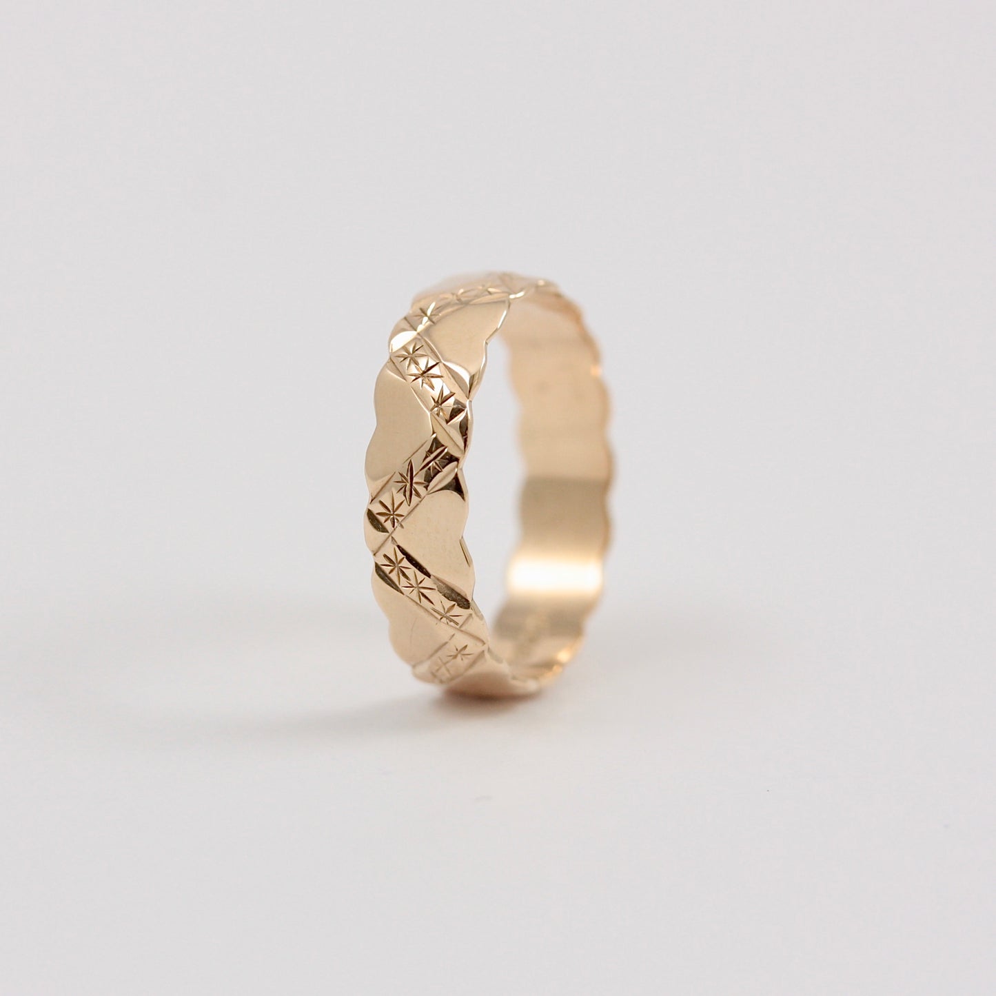 Vintage 9ct Gold Scalloped Edge Patterned Band Ring, 1987