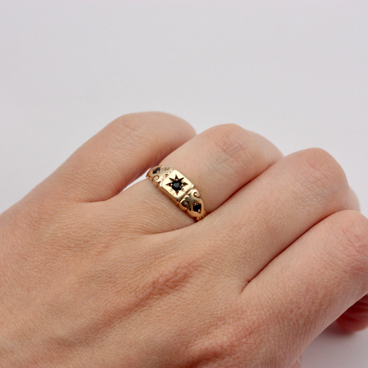 Vintage 9ct Gold Star Set Sapphire Three Stone Ring, 1976