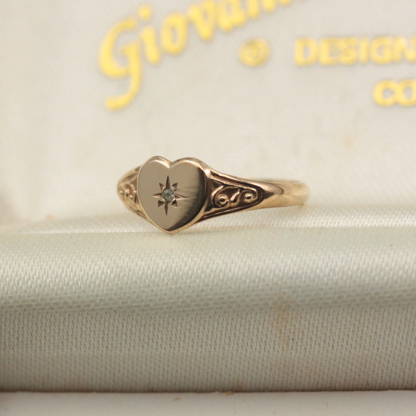Small Pre-owned 9ct Gold and Diamond Heart Signet Ring, Size G 1/2