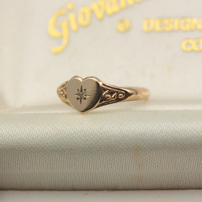 Small Pre-owned 9ct Gold and Diamond Heart Signet Ring, Size G 1/2