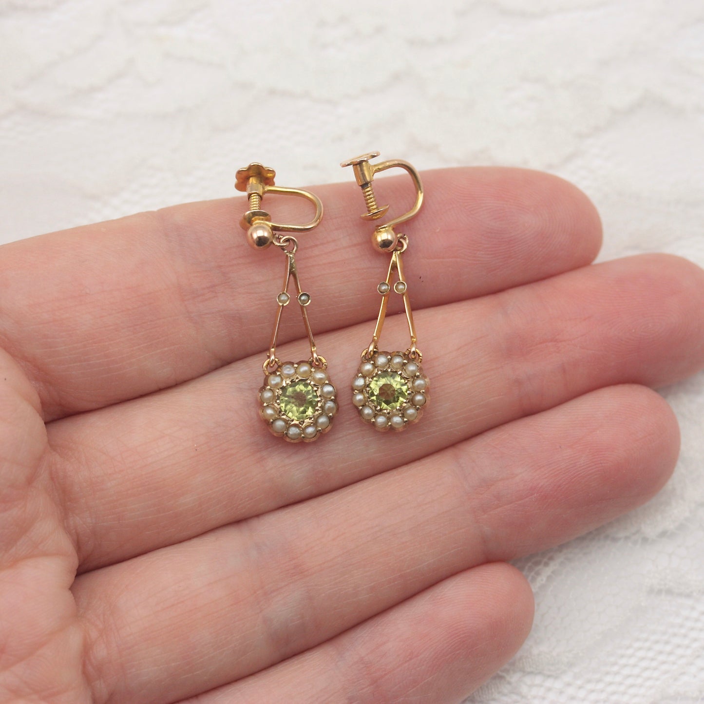 Antique 9ct Gold, Peridot and Seed Pear Screw Back Earrings