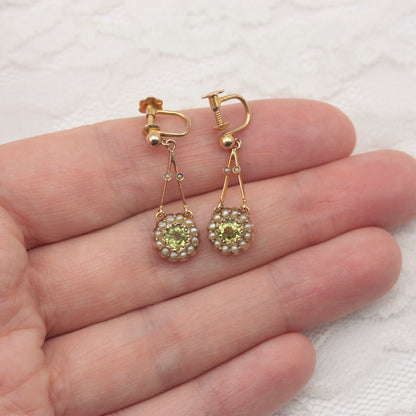 Antique 9ct Gold, Peridot and Seed Pear Screw Back Earrings