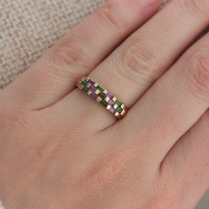 Late Vintage 9ct Gold Amethyst and Chrome Diopside Chequered Band