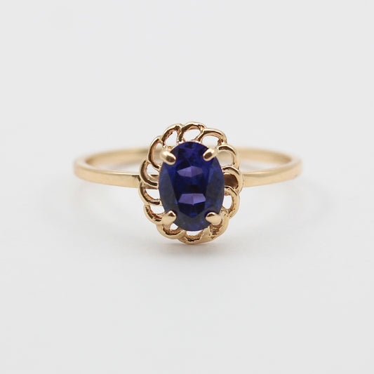 Dainty Vintage 9ct Gold Synthetic Blue Spinel Ring, c1970s