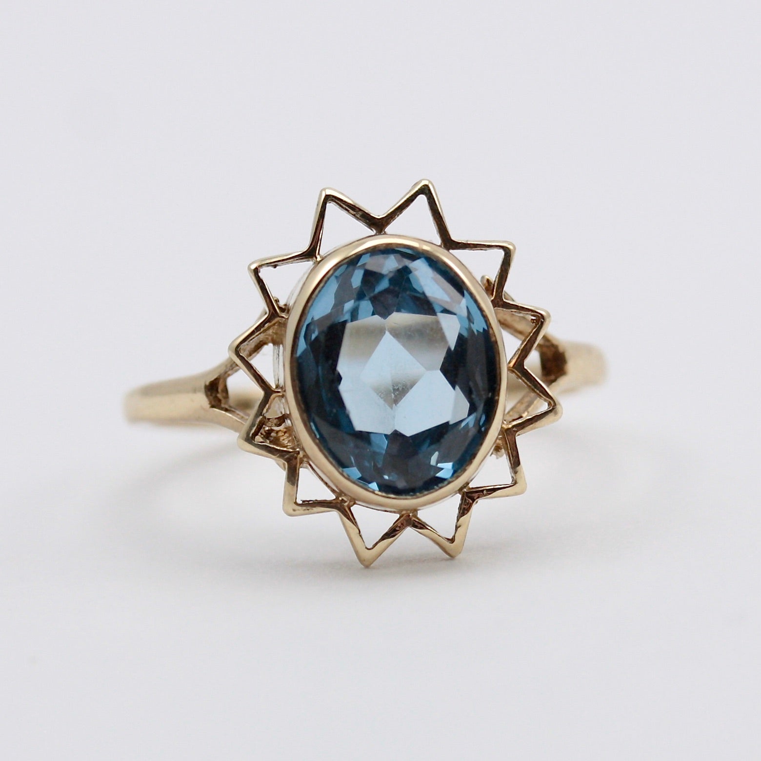 Vintage 9ct Gold Blue Topaz Sun Burst Ring, 1979