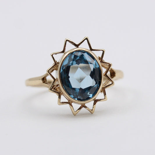 Vintage 9ct Gold Blue Topaz Sun Burst Ring, 1979