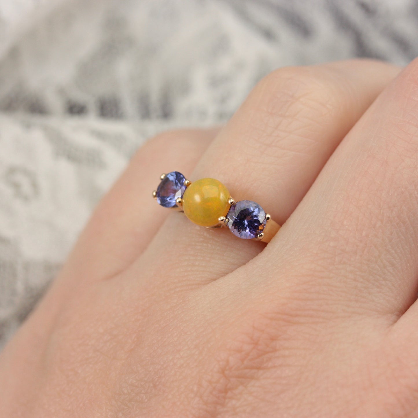 Pre-owned 9ct Gold, Tanzanite and Yellow Opal Three Stone Ring