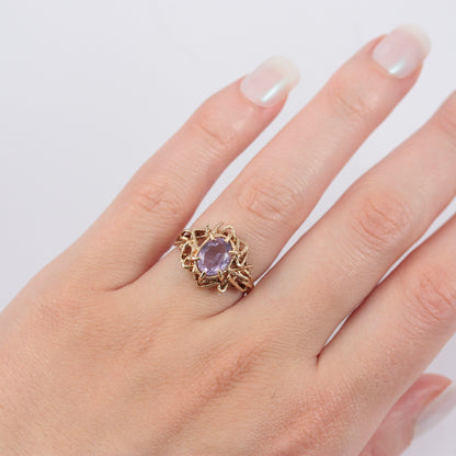 Vintage 9ct Gold Amethyst Brutalist Ring, 1973