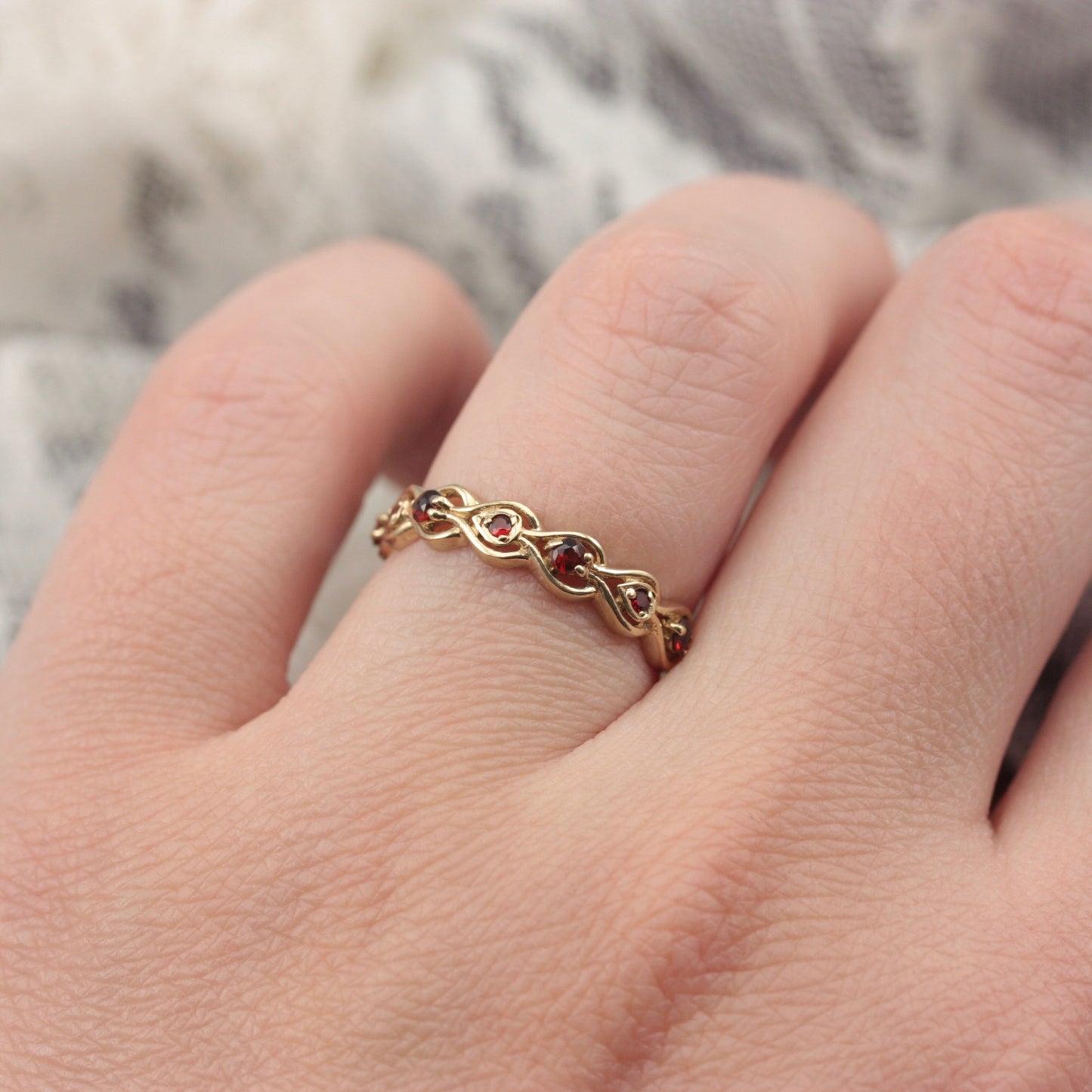 Vintage 9ct Gold and Garnet Fancy Band Ring, 1980