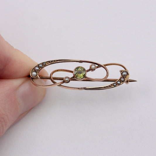 Edwardian Gold, Peridot and Seed Pearl Brooch