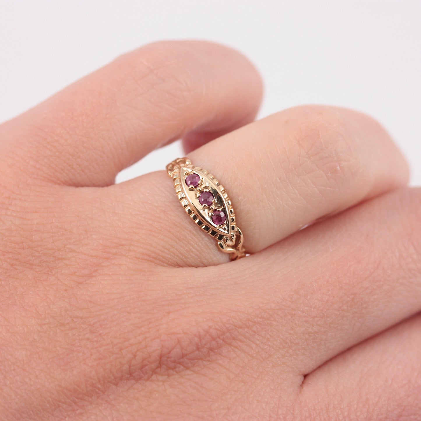 Vintage 9ct Gold Ruby Three Stone Ring, 1990
