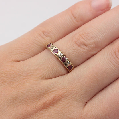 Vintage 9ct Gold Ruby and Diamond Half Eternity Band Ring, 1986
