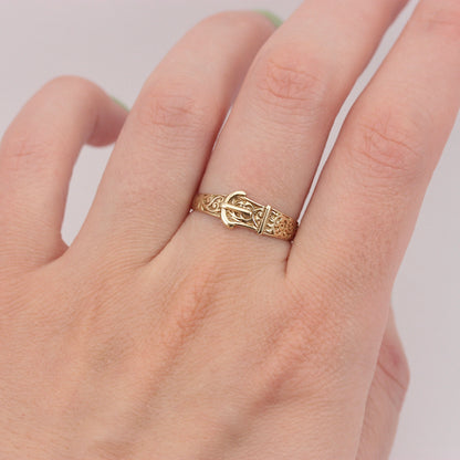Vintage 9ct Gold Patterned Buckle Ring, 1990