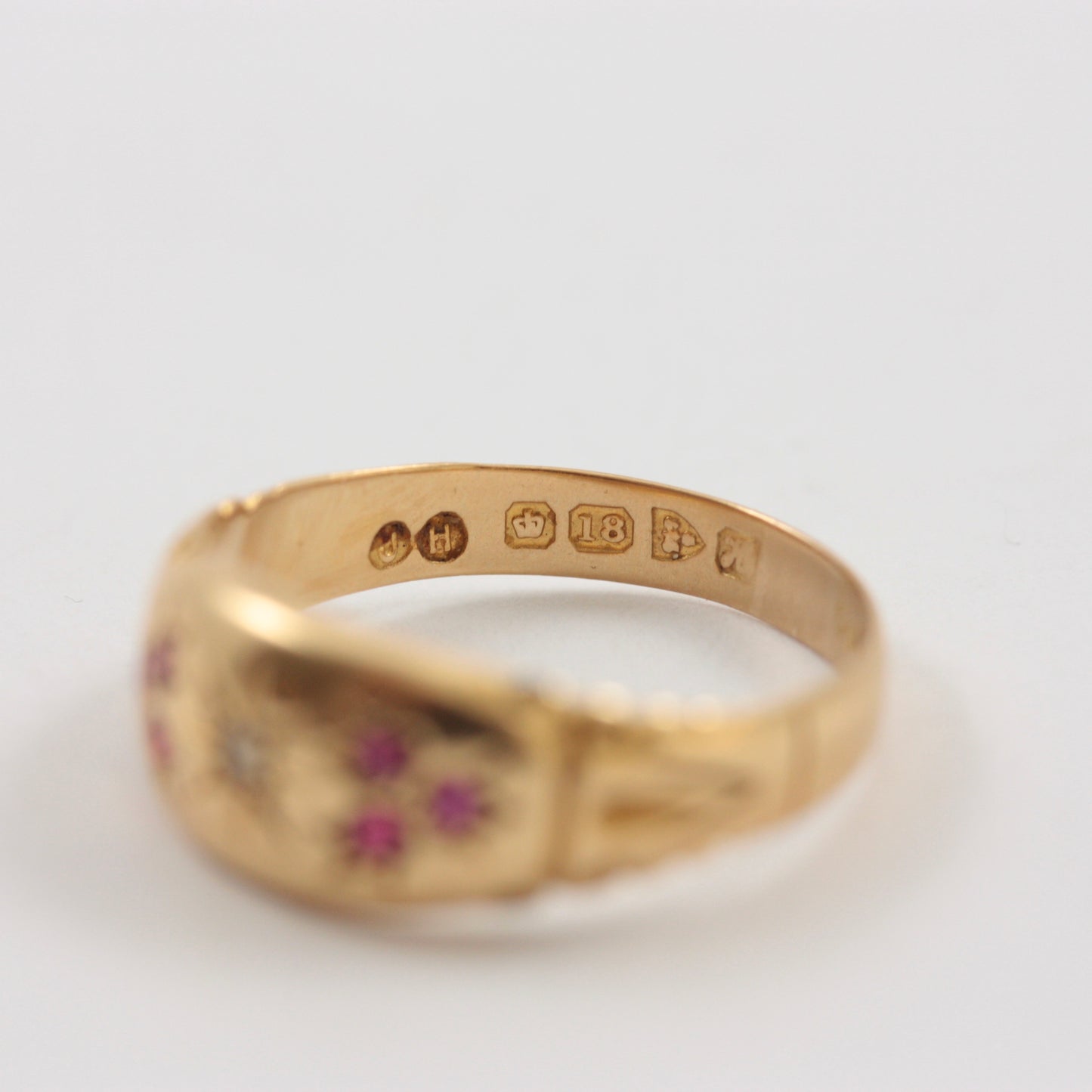 Antique 18ct Gold Band Ring with Ruby and Diamond, 1908 + Resize