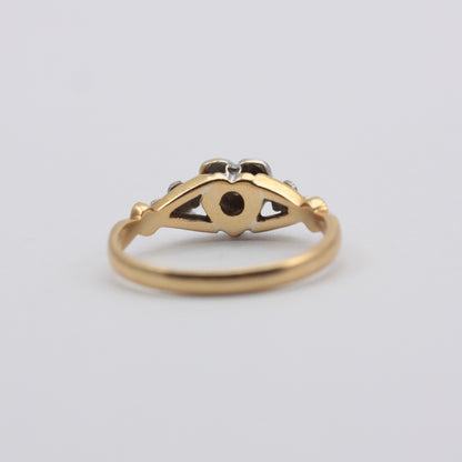 Early Vintage 18ct Gold + Platinum Floral Heart Ring with Diamond