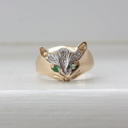 Vintage 9ct Gold Cat Ring with Diamonds and Emerald Eyes, 1989