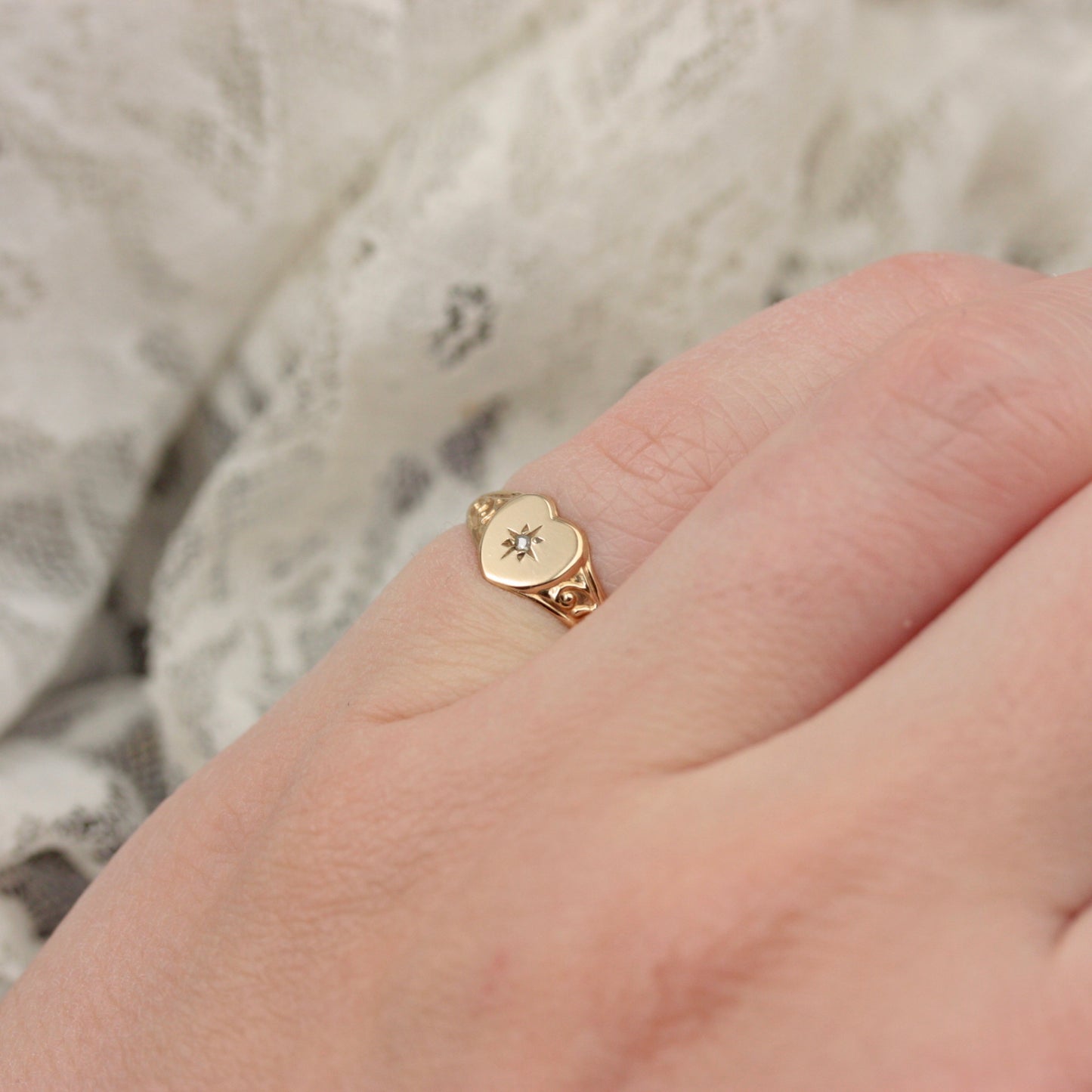 Small Pre-owned 9ct Gold and Diamond Heart Signet Ring, Size G 1/2