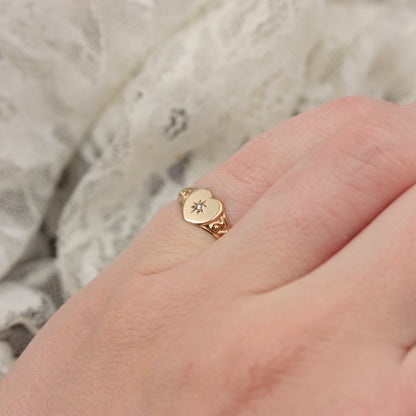 Small Pre-owned 9ct Gold and Diamond Heart Signet Ring, Size G 1/2