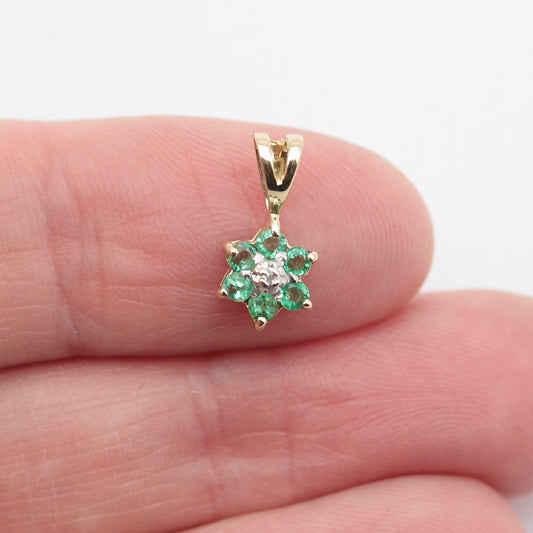 Tiny Vintage 9ct Gold Emerald and Diamond Cluster Pendant 