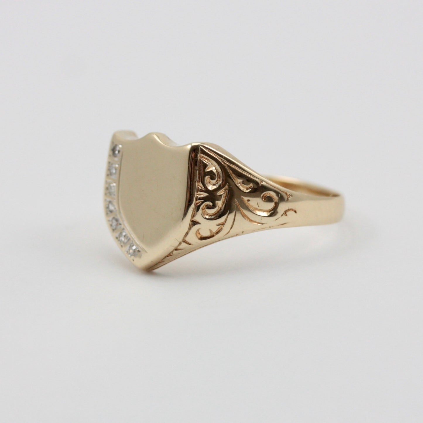 Vintage 9ct Gold Shield Signet Ring with Diamonds, 1993