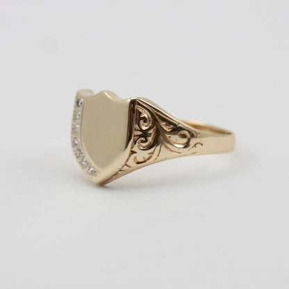 Vintage 9ct Gold Shield Signet Ring with Diamonds, 1993
