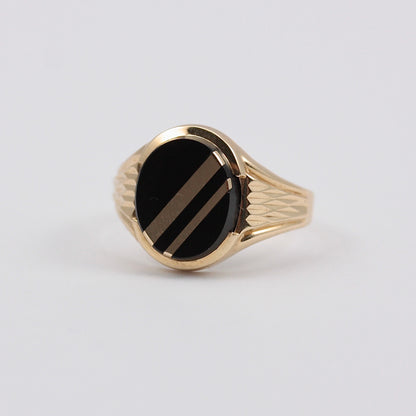 Vintage 9ct Gold Striped Onyx Signet Ring, 1988