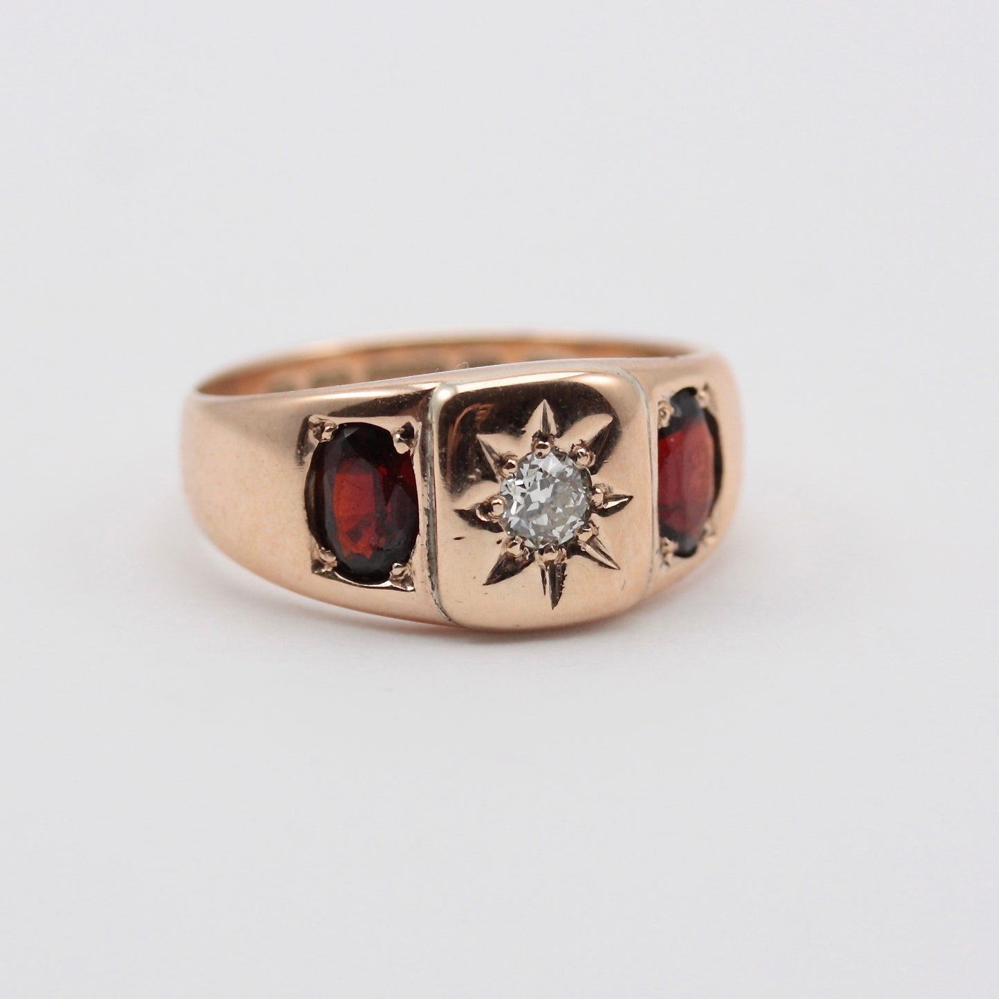 Antique Edwardian 9ct Gold, Diamond and Garnet Gypsy Ring, 1905