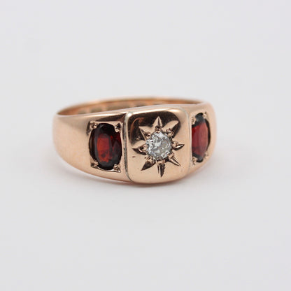 Antique Edwardian 9ct Gold, Diamond and Garnet Gypsy Ring, 1905