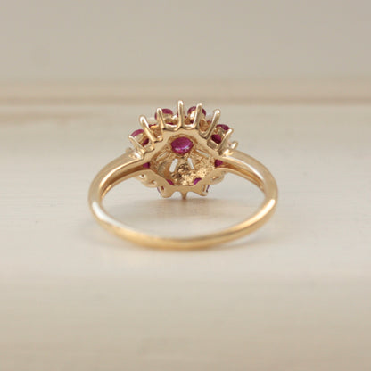 Pre-owned 9ct Gold Opal and Ruby Cluster Flower Ring, 2007