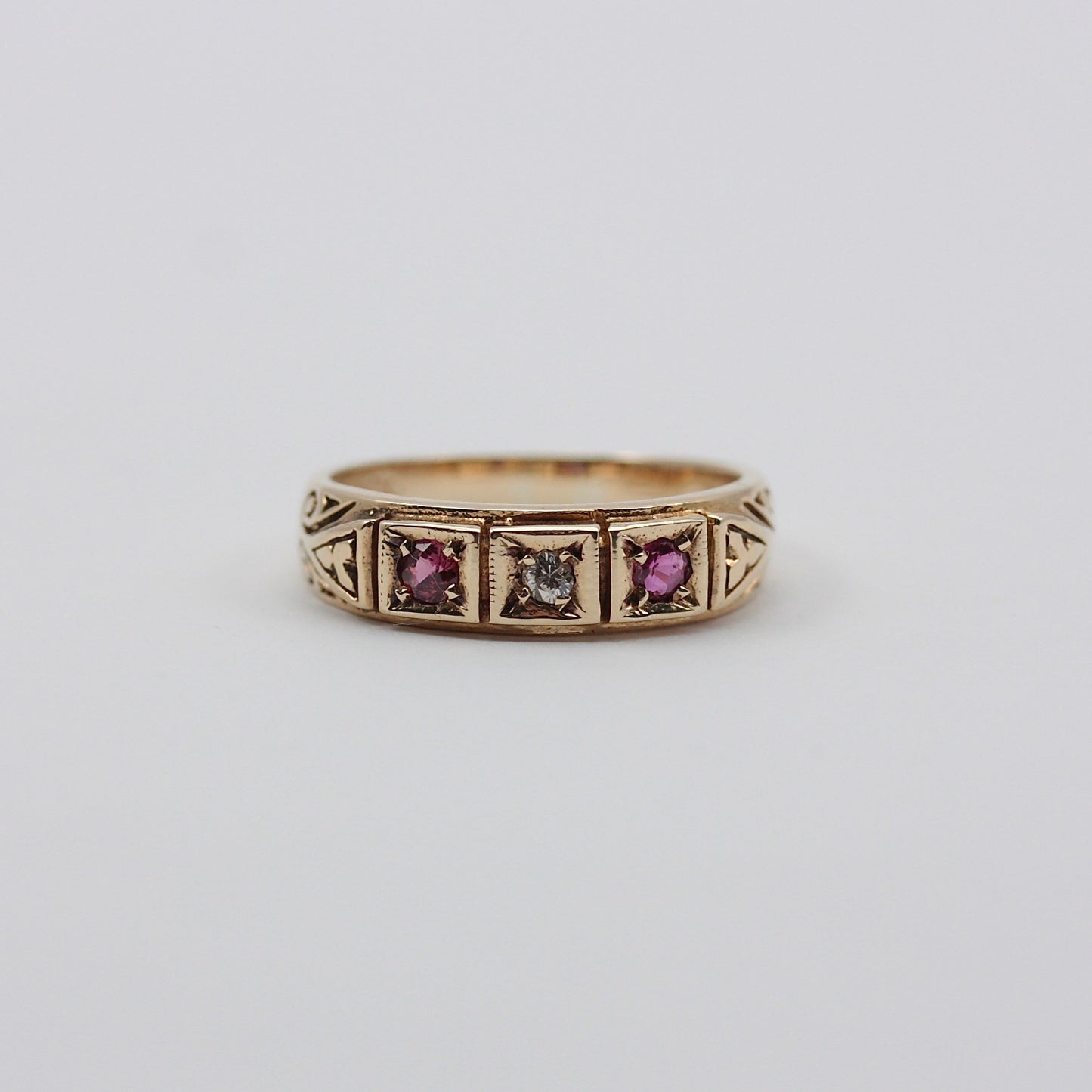 Vintage 9ct Gold Ruby & Diamond 3 Stone Band Ring, 1979