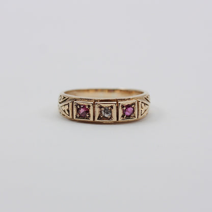 Vintage 9ct Gold Ruby & Diamond 3 Stone Band Ring, 1979