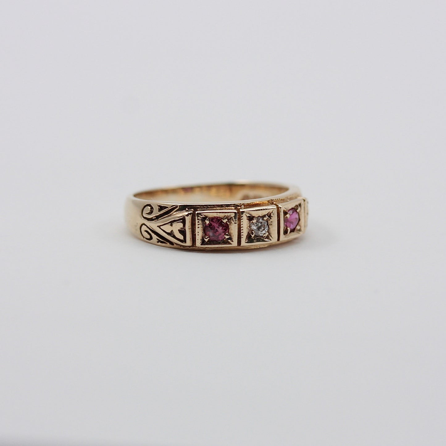 Vintage 9ct Gold Ruby & Diamond 3 Stone Band Ring, 1979