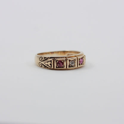 Vintage 9ct Gold Ruby & Diamond 3 Stone Band Ring, 1979