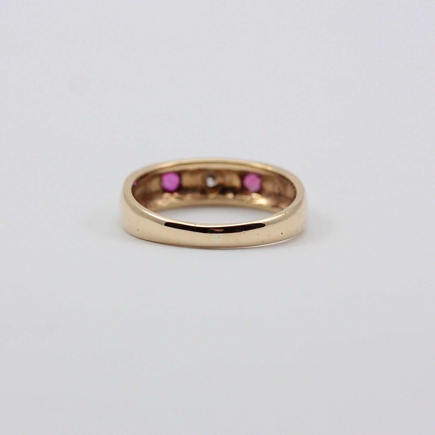 Vintage 9ct Gold Ruby & Diamond 3 Stone Band Ring, 1979