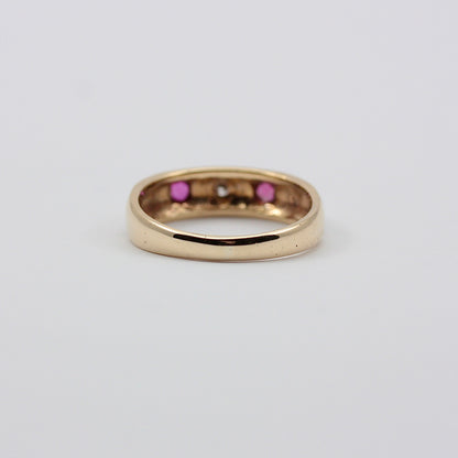 Vintage 9ct Gold Ruby & Diamond 3 Stone Band Ring, 1979