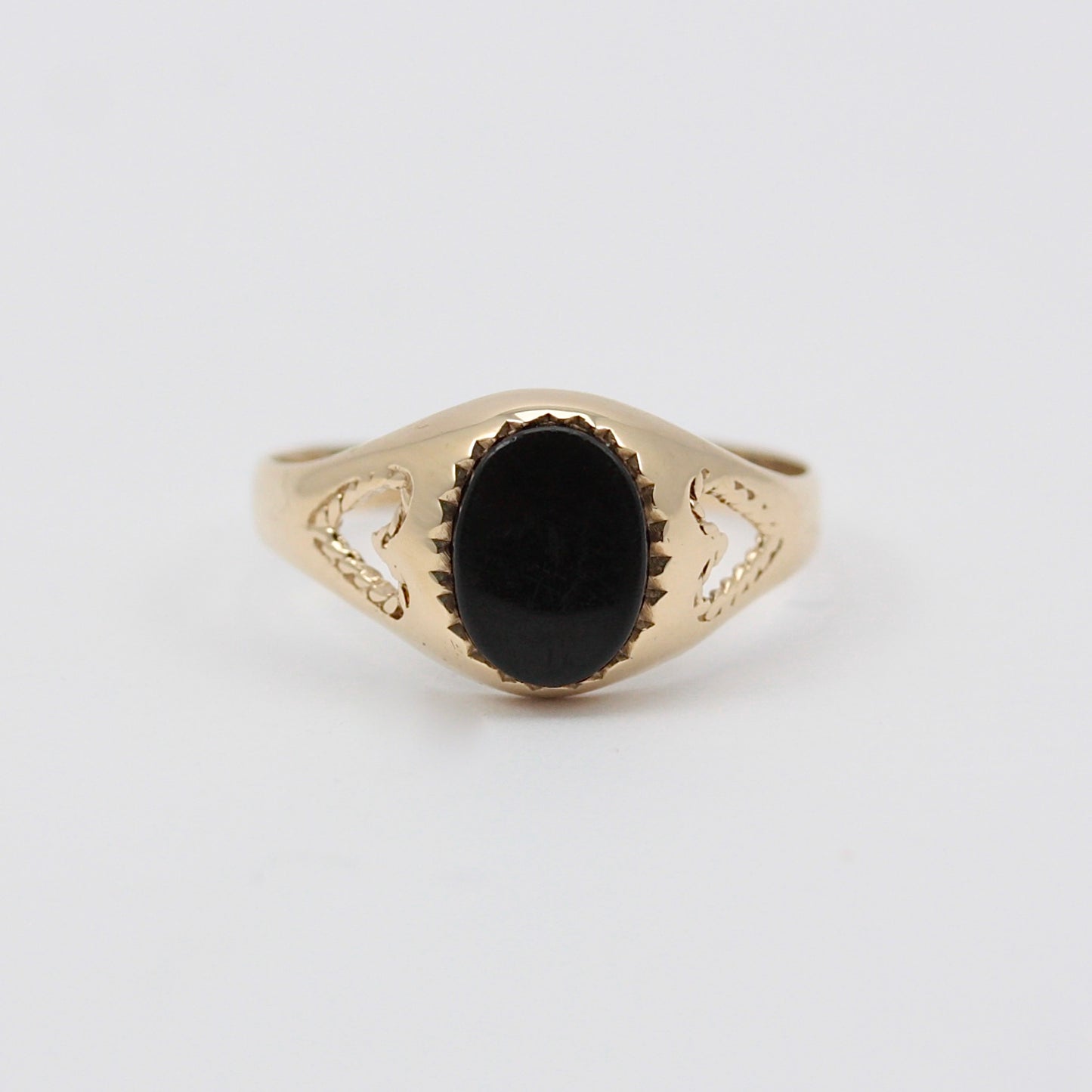 Vintage 9ct Gold Onyx Signet Ring with Heart Cut Out Shoulders, 1981