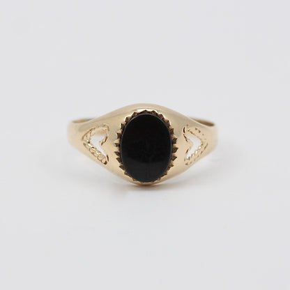 Vintage 9ct Gold Onyx Signet Ring with Heart Cut Out Shoulders, 1981