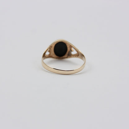 Vintage 9ct Gold Onyx Signet Ring with Heart Cut Out Shoulders, 1981