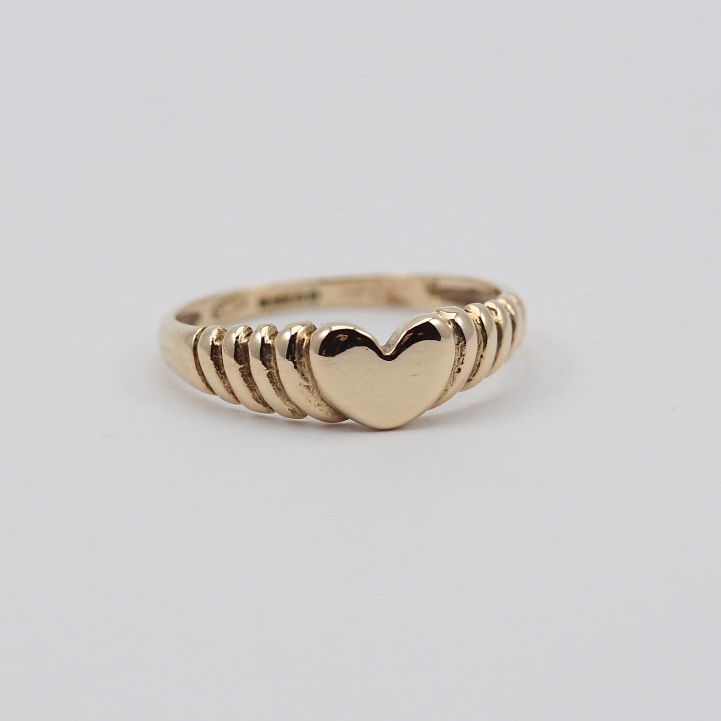 Vintage 9ct Gold Ridged Heart Signet Ring, 1980